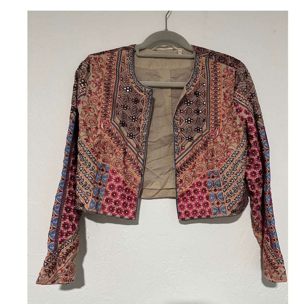 Soft Surroundings Womens XS Embroidered Cropped Jacket Bolero Pink Boho 2CK79